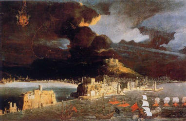 Historical painting of Castel dell'Ovo fortress in Naples harbor under stormy skies with sailing ships